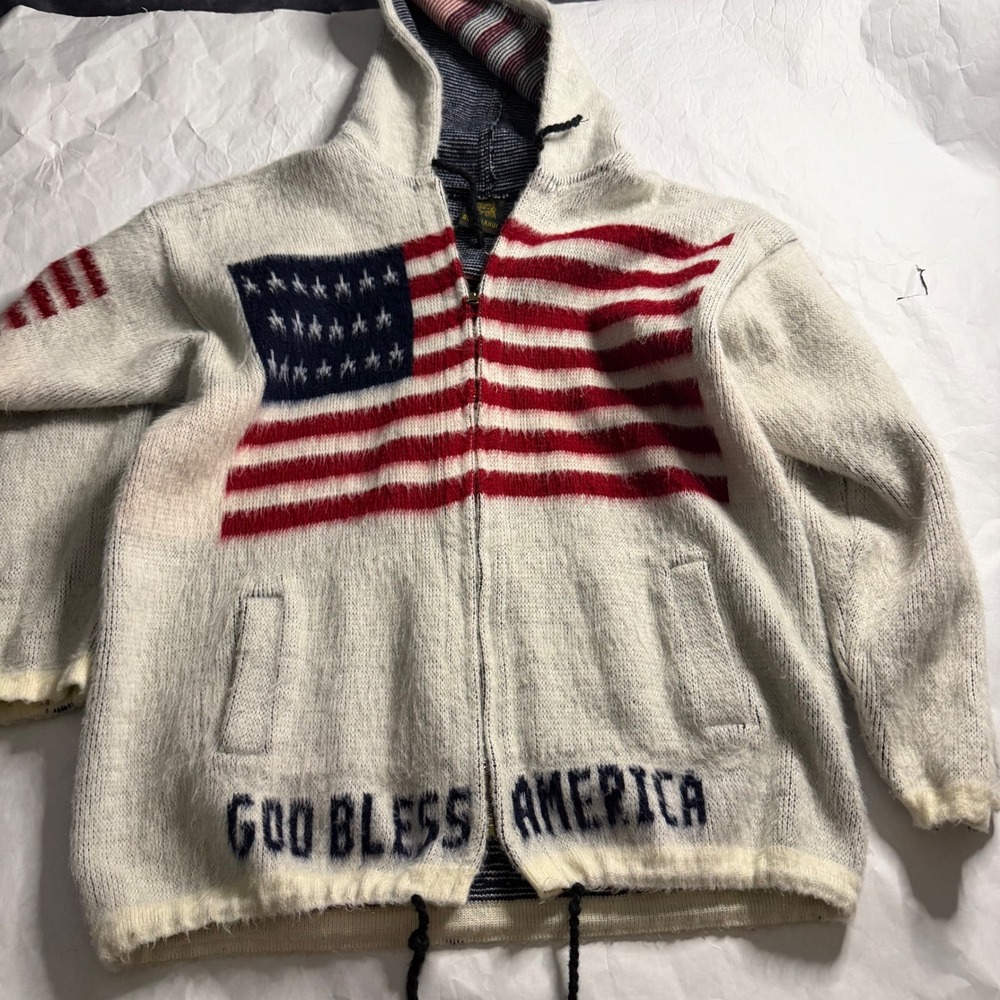 RUMINAHUI Vintage American Flag Knit Hoodie Ecuador Wool Zip‎ Up Sweater Mens XL